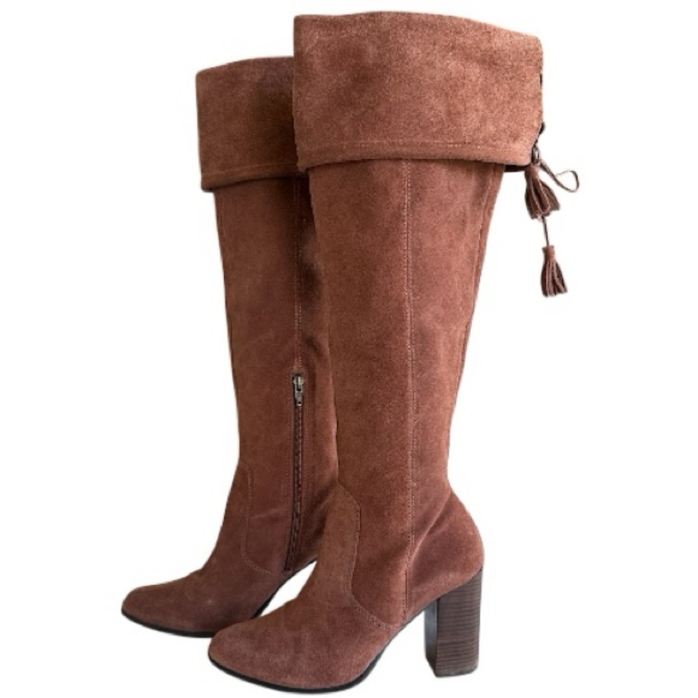 M4d3 Rafaelle Camel Brown Leather Boots Over Knee Tassel Ties Sz 9.5